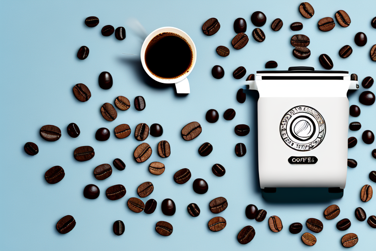 A single-serve coffee maker with a selection of coffee beans beside it