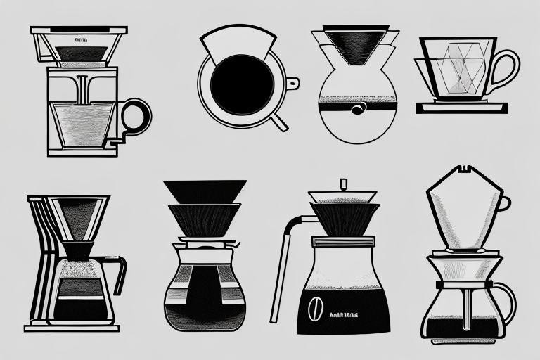 A black and white coffee maker with a carafe and a cup of coffee