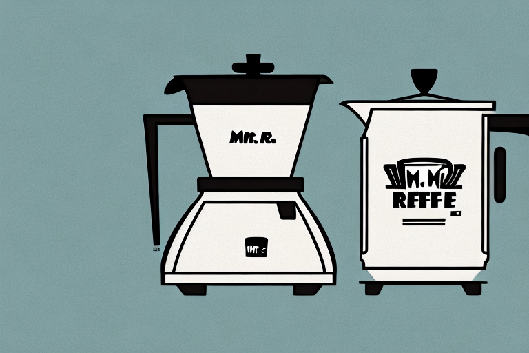 A mr. coffee 4 cup coffee maker with a steaming cup of coffee beside it