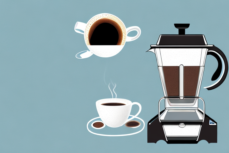 A tassimo coffee maker with a steaming cup of coffee beside it