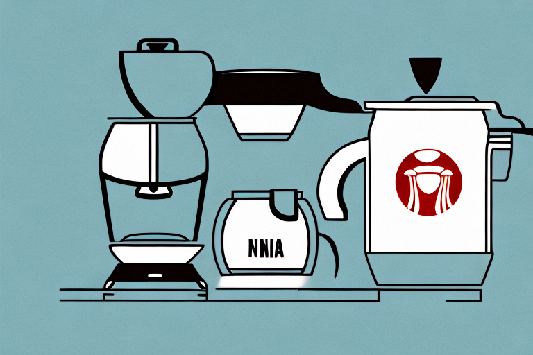 A ninja-themed coffee maker with a steaming cup of coffee