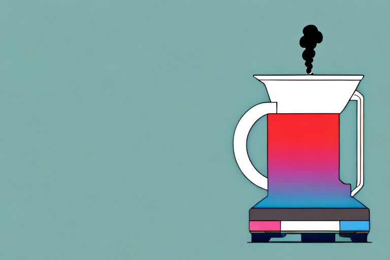 A brightly colored coffee maker with a carafe and steam rising from the spout
