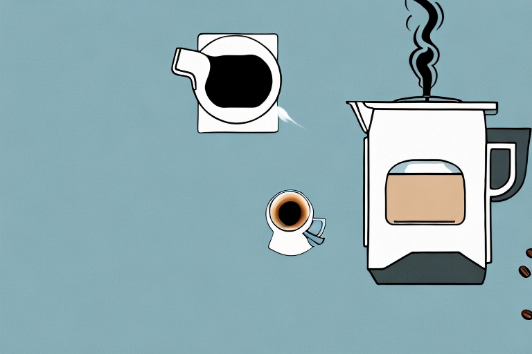 A modern coffee maker with a steaming cup of coffee beside it