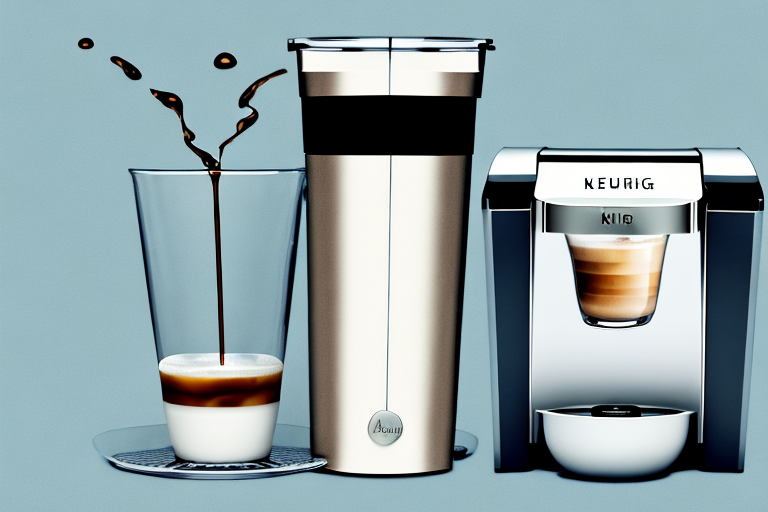 A keurig k-slim + iced single serve coffee maker with a glass of iced coffee beside it