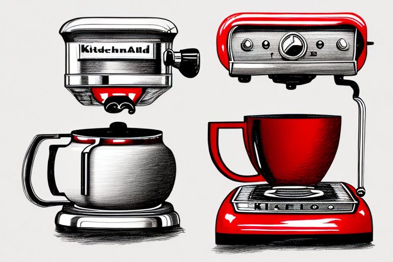 A red kitchenaid coffee maker with a steamy cup of coffee beside it