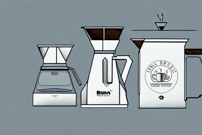 A stainless steel bunn coffee maker with a carafe and coffee beans