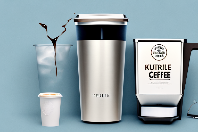 A keurig k-slim + iced single serve coffee maker with a cup of iced coffee beside it