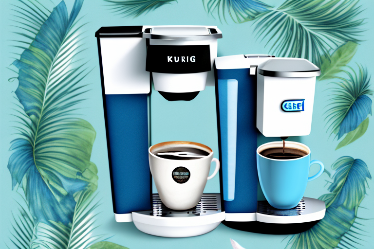 A blue keurig k-express coffee maker with a tropical background