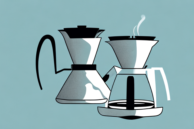 A 12-cup coffee maker with a carafe and steam rising from the spout