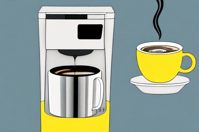 A yellow keurig coffee maker with a cup of coffee beside it